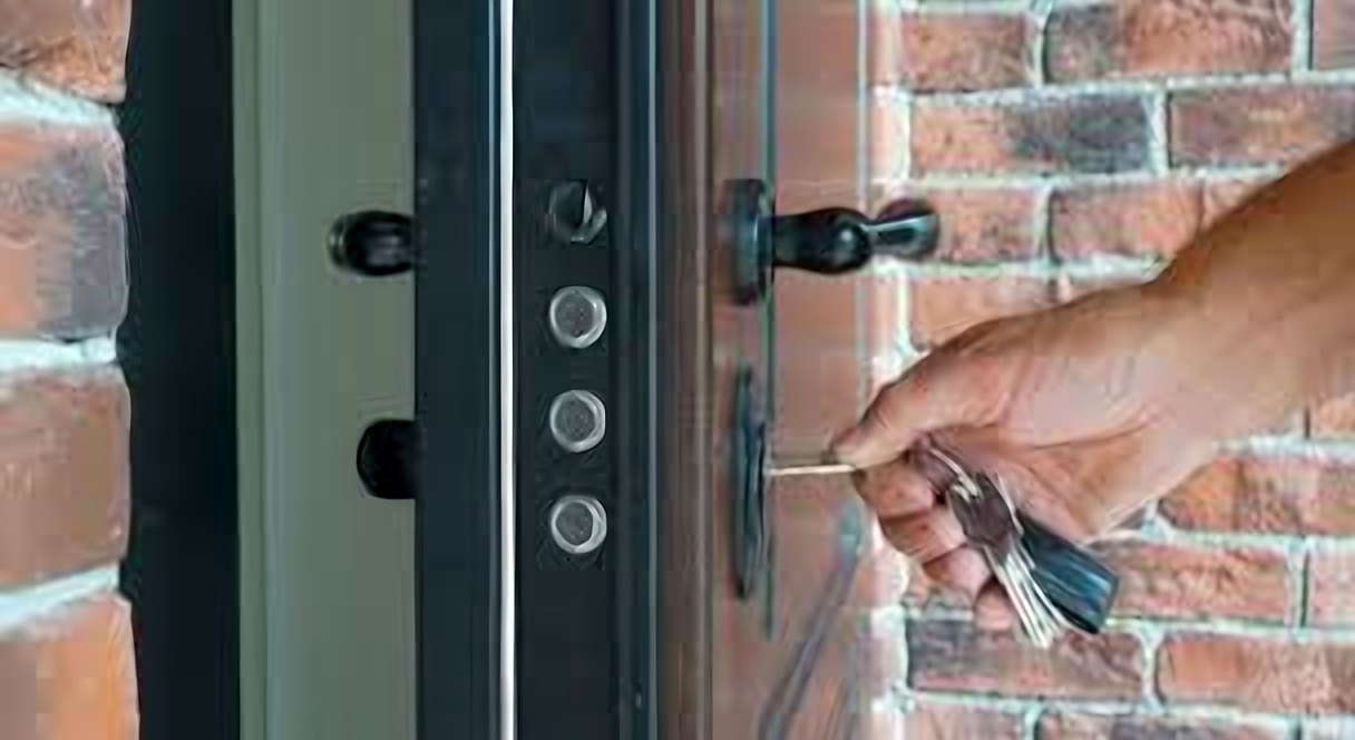 Clé dans la serrure multipoints d'une porte blindée